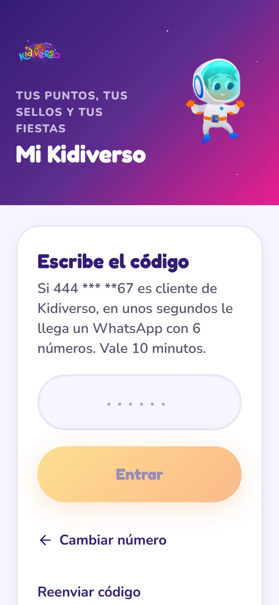 Pantalla de Mi Kidiverso: Escribe el código de WhatsApp